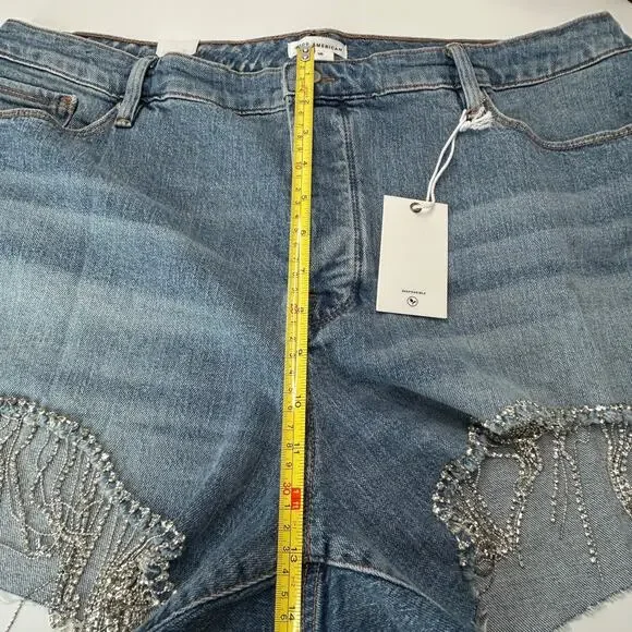 Good American Bombshell Rhinestone Fringe Cutoff Jean Shorts Blue Women 16 NWT - Picture 11 of 12